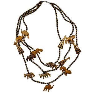 Vintage African Hand Carved Wood Safari Animal Necklace Beaded Tribal Boho 1970s
